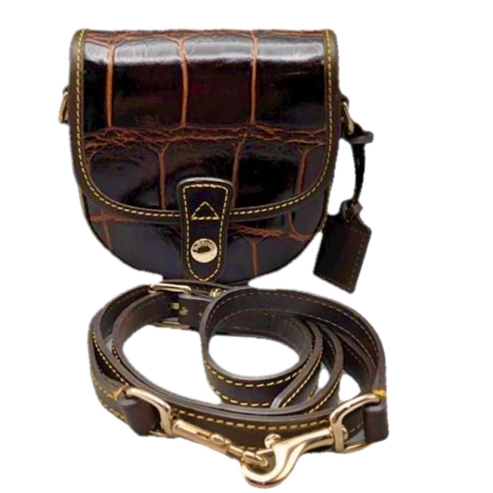 🦆Dooney & Bourke Croc- Embossed Leather Brown Cognac Mini Flap Crossbody🦆 - Picture 6 of 17